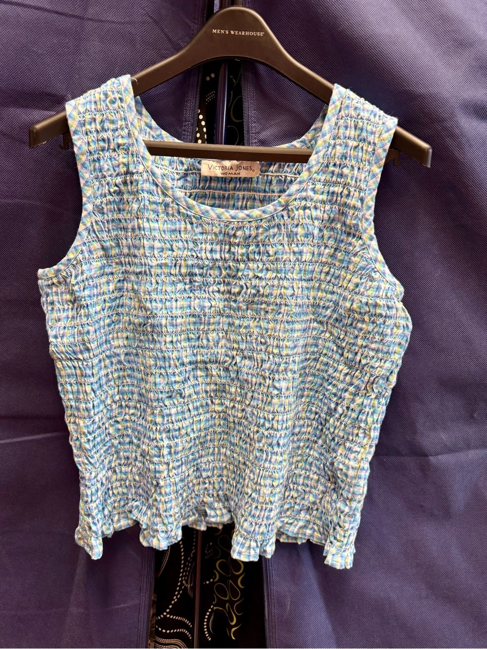 Vintage cottageCore Blue Multi Smocked Sleeveless Top